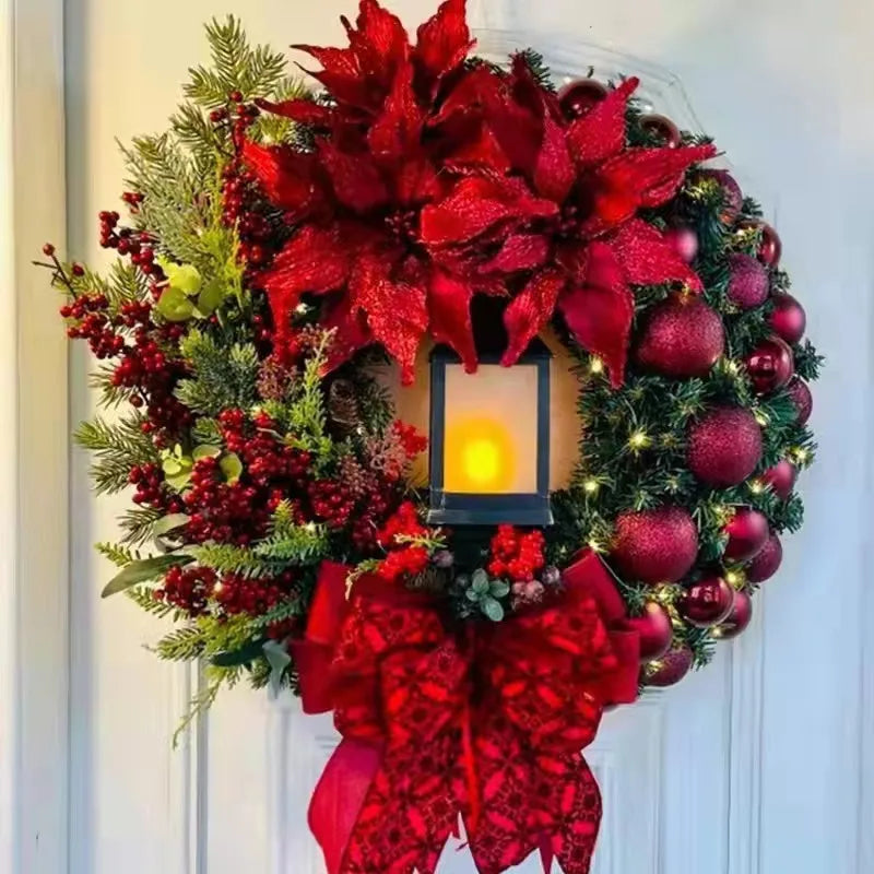 Christmas Decoration Golden Wreath With Lamp For Front Door Red Ball Flower Garland Xmas Ornament Window Wall Hanging Decor
