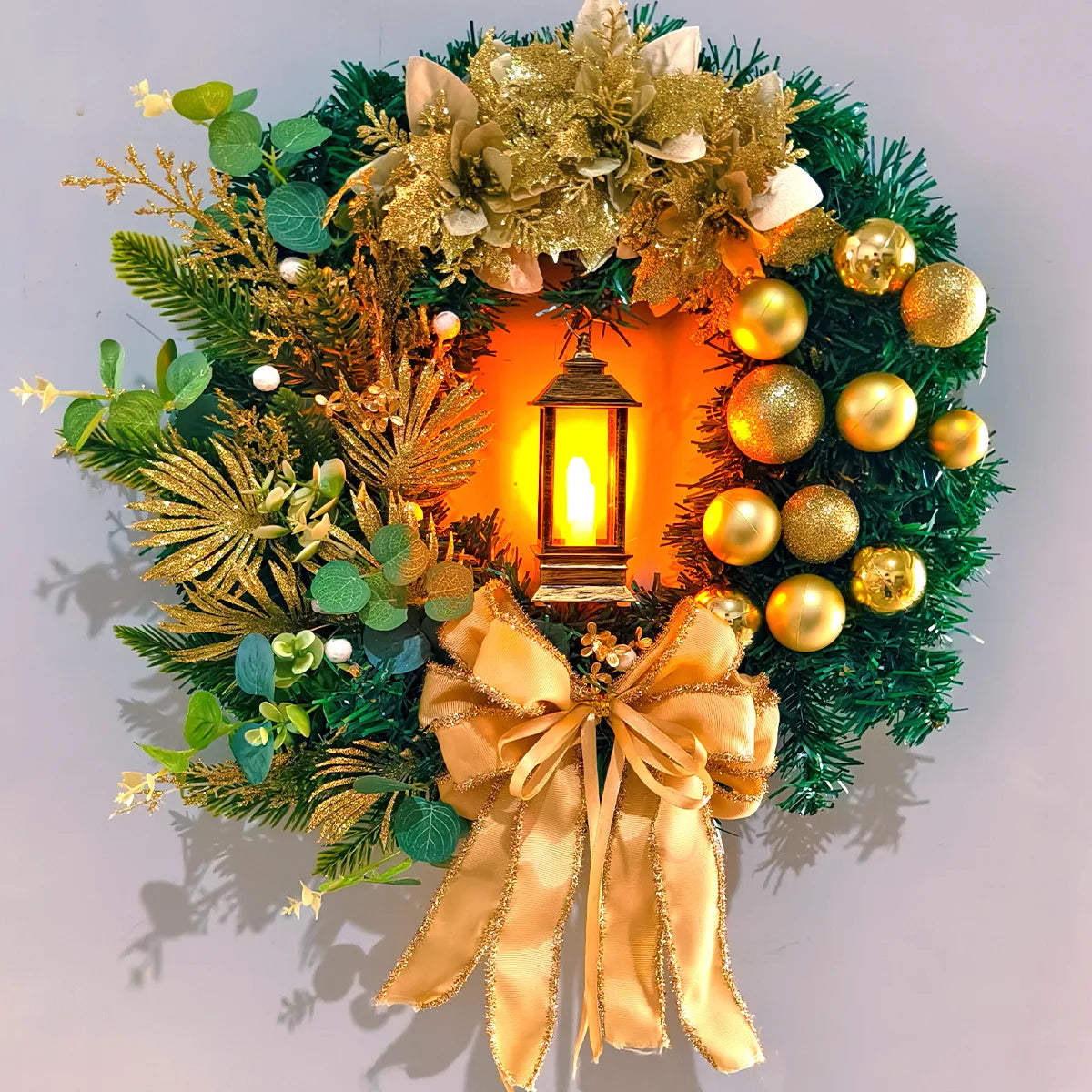 Christmas Decoration Golden Wreath With Lamp For Front Door Red Ball Flower Garland Xmas Ornament Window Wall Hanging Decor