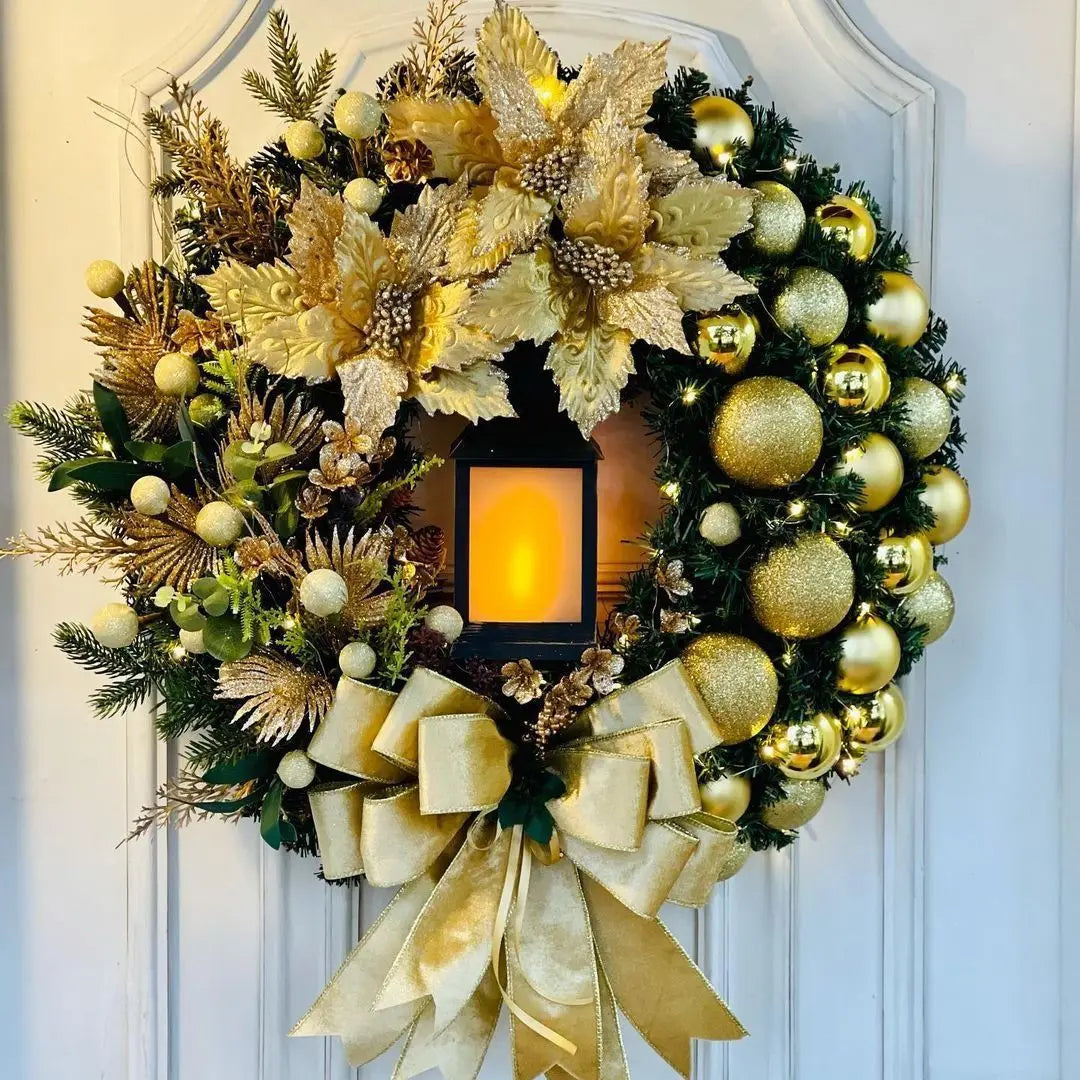 Christmas Decoration Golden Wreath With Lamp For Front Door Red Ball Flower Garland Xmas Ornament Window Wall Hanging Decor