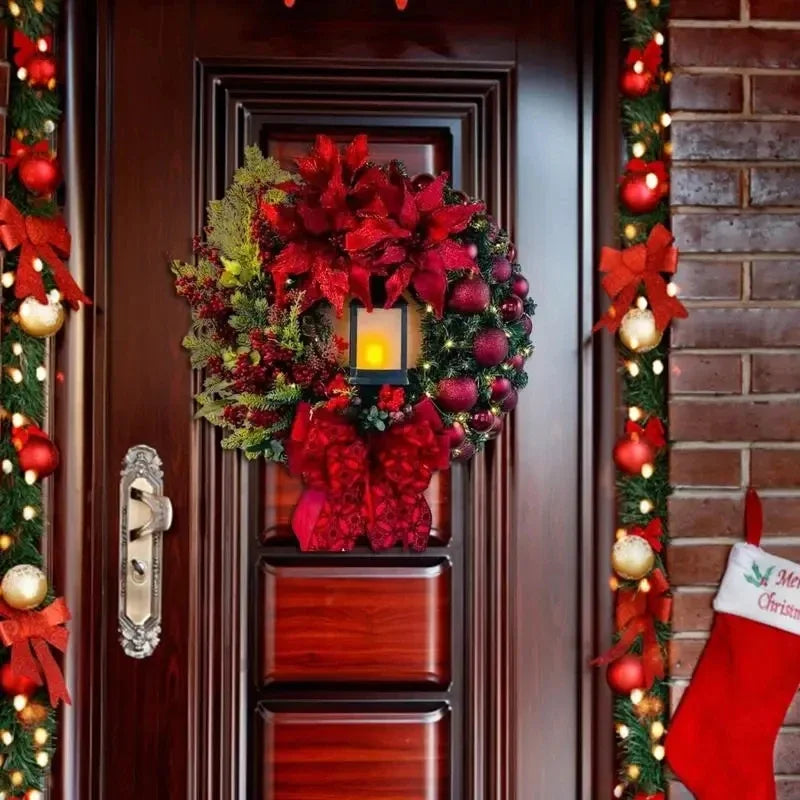 Christmas Decoration Golden Wreath With Lamp For Front Door Red Ball Flower Garland Xmas Ornament Window Wall Hanging Decor