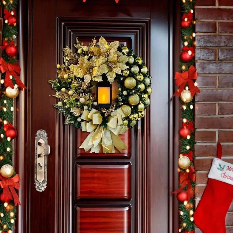 Christmas Decoration Golden Wreath With Lamp For Front Door Red Ball Flower Garland Xmas Ornament Window Wall Hanging Decor