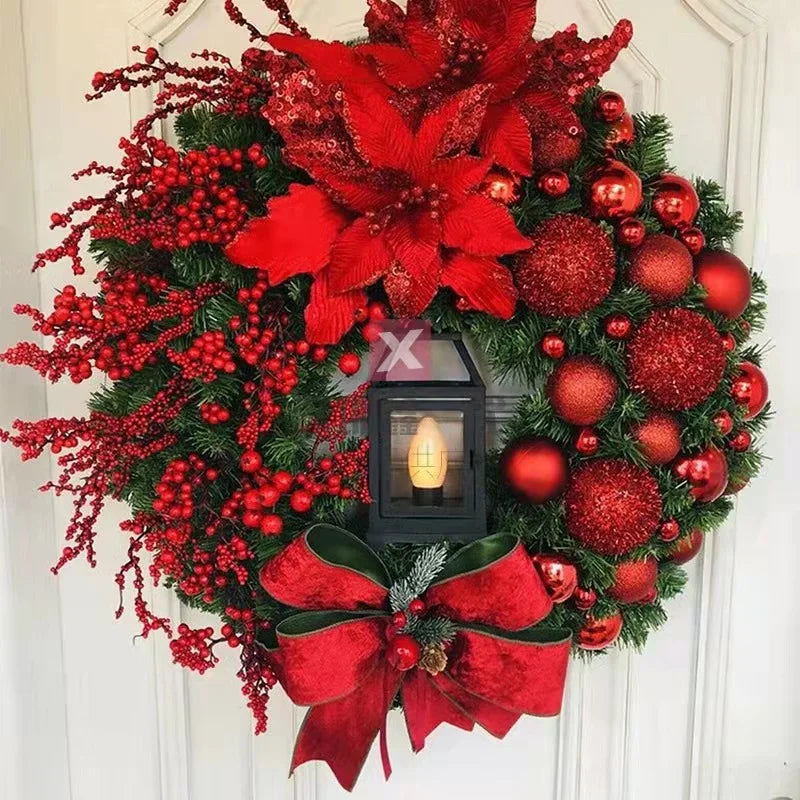 Christmas Decoration Golden Wreath With Lamp For Front Door Red Ball Flower Garland Xmas Ornament Window Wall Hanging Decor