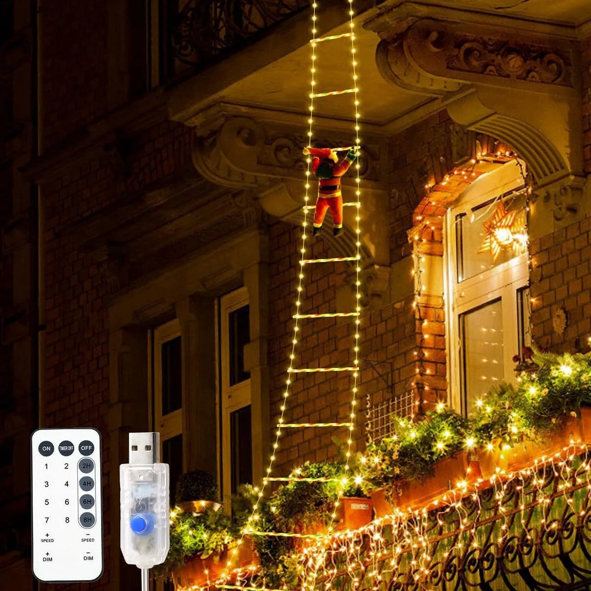 Santa Climbing Ladder Christmas Light LED Decoration with 8 Modes- USB powered